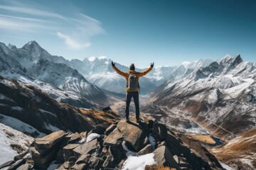 Triumphant hiker raises arms atop snowy mountain peak surrounded by stunning scenery. Generated AI