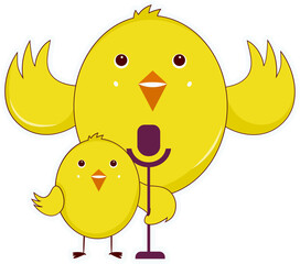 Isolated Yellow Bird Couple With Microphone Flat Element.