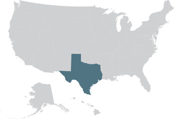 Fototapeta na wymiar Blue Map of US federal state of Texas within gray map of United States of America