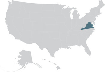 Blue Map of US federal state of Virginia within gray map of United States of America