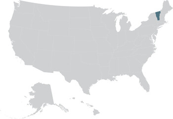 Blue Map of US federal state of Vermont within gray map of United States of America