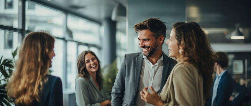 Happy Colleagues Having A Holiday In An Office. The Concept Of A Party In A Circle Of Colleagues