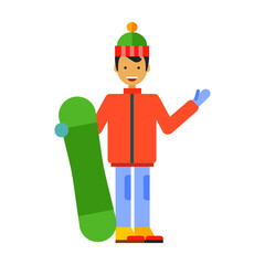  Man in jacket and hat holding snowboard and waving. Multicolored flat vector icon representing people activities and professions concept isolated on white background