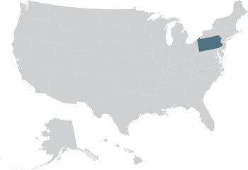Blue Map of US federal state of Pennsylvania within gray map of United States of America