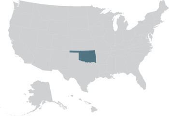 Blue Map of US federal state of Oklahoma within gray map of United States of America