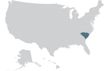 Blue Map of US federal state of South Carolina within gray map of United States of America