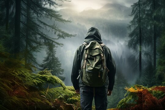 Hiker exploring forest with a backpack, artistic design. Generative AI