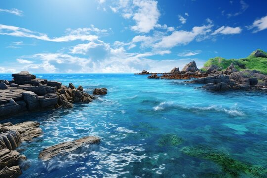 360-degree HDRI rendering of a beautiful, scenic, and vibrant blue sea environment. Generative AI