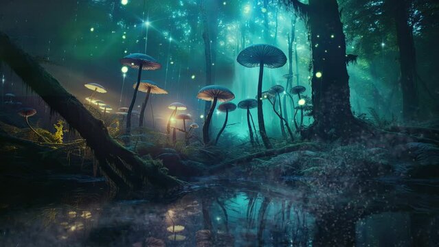 In an otherworldly realm, a mystical forest thrives, bathed in the soft, ethereal glow of bioluminescent mushrooms. Its magical aura and unique flora evoke a fairy tale dreamscape