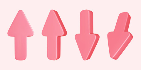 Collection of realistic 3D pink arrow pointing isolated on light pink background. Vector illustration