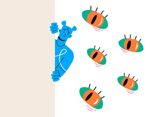 Depressed girl suffers from phobias and fears. The psychological concept of mental disorder and paranoia. Colorful vector illustration