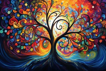 Vibrant tree symbolizing balance, adorned with swirling patterns as an artistic representation. Generative AI