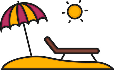 Pink And Yellow Umbrella With Chair And Sun For Beach Flat Icon.