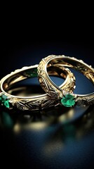 Twin Dragon Rings Adorned with Emeralds Backdrop - Stock Photo Elegance - Artfully Presented Product with Blank Area for Text - Emerald Dragon Rings Background created with Generative AI Technology