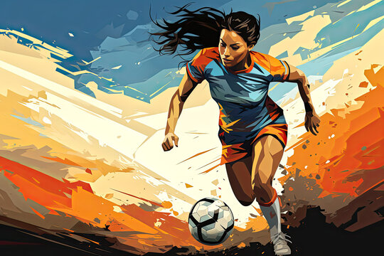 Fototapeta Female soccer football player chasing the ball.