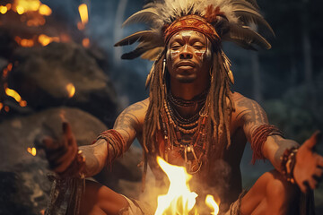Portrait of the leader of an African tribe sitting by the fire. - obrazy, fototapety, plakaty