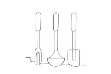 Three kinds of spoons in the kitchen. Cooking and kitchen tools one-line drawing