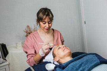 Obraz na płótnie Canvas Professional beautician applying facial mask on face of client