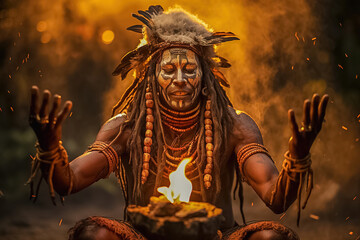 Portrait of the leader of an African tribe sitting by the fire.