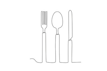 A set of cutlery spoon, fork and knife. Cooking and kitchen tools one-line drawing
