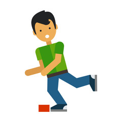 Inattentive man stumbling and falling. Brick lying on road. Multicolored flat vector icon representing people activities concept isolated on white background