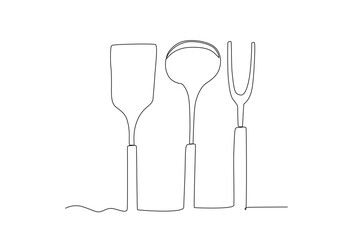 A spatula, stirring spoon, and fork. Cooking and kitchen tools one-line drawing