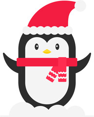 Cute Penguin Wearing Santa Hat With Scarf Flat Vector.