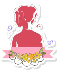 Isolated Blank Ribbon With Silhouette Female, Butterfly And Flowers Background In Sticker Style .