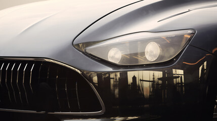 The intricate details of a contemporary luxury sports car's headlight, magnificently showcased