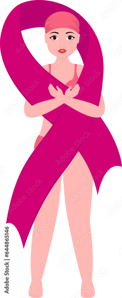 Sticker bald young girl covering from pink cross ribbon in standing pose.