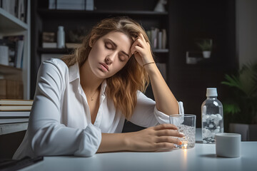 A woman sits at a table with a sick head and a sad face.
