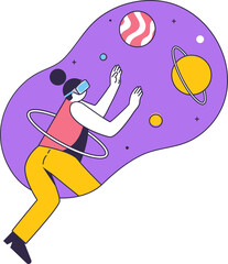 Cartoon Woman Watching To Imaginary Universe Through VR Glasses On Purple And White Background.