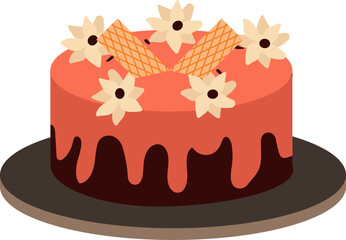 Delicious Cake Decorated From Flowers With Wafer Icon In Flat Style.