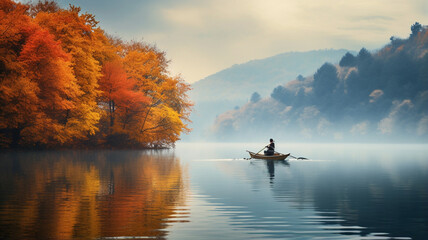 colorful autumn landscape with boat and lake