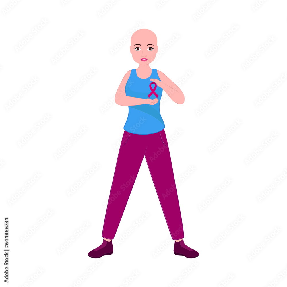 Sticker modern bald young girl wearing pink cross ribbon on white background for breast cancer awareness.