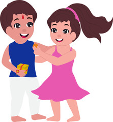 Cute Sister And Brother Celebrating Festival Of Raksha Bandhan On White Background.