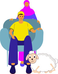 Islamic Young Woman Standing Behind Man Sitting At Sofa And Cartoon Sheep On White Background.