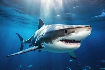 Formidable toothy shark swimming in the background of the ocean, close-up.