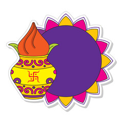 Sticker Style Traditional Pot (Kalash) With Empty Circular Frame On White Background.