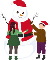 Cartoon Snowman Wearing Santa Hat With Kids Standing On White Background.