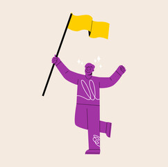 Man holding a flag. Leader and winner people concept. Colorful vector illustration