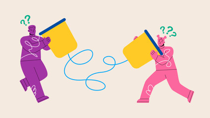 Man and woman trying to communicate with old technology. Miscommunication, tin can communication concept. Colorful vector illustration