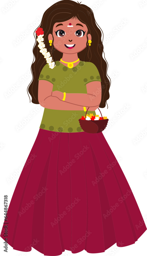 Sticker Happiness South Indian Girl Holding Basket Full Of Flowers On White Background.