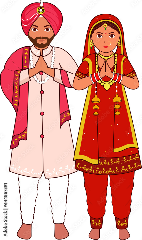 Wall mural sikh wedding couple greeting namaste in traditional dress. - Wall murals