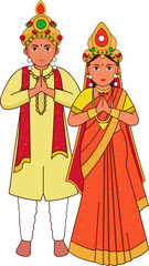 Odia Wedding Couple Greeting Namaste In Traditional Costume Of Odisha.