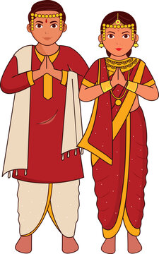 Maharashtrian Young Couple Wearing Wedding Dress In Namaste Pose.
