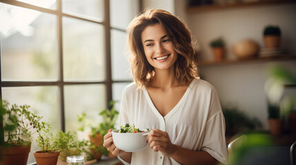 Image of a beautiful Caucasian woman using spoon to enjoy a bowl  filled with fresh vegetables in her home kitchen.