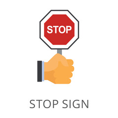 Hand holding stop sign flat vector icon. Cartoon drawing or illustration of symbol for prohibition or warning on white background. Prohibition, traffic safety concept