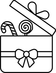 Isolated Open Surprising Gift Box With Lollipop And Candy Icon In Line Art.