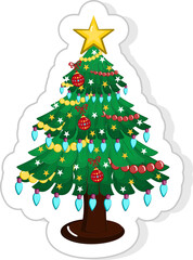 Illustration Of Decorative Sticker Style Christmas Tree Icon In Flat Style.